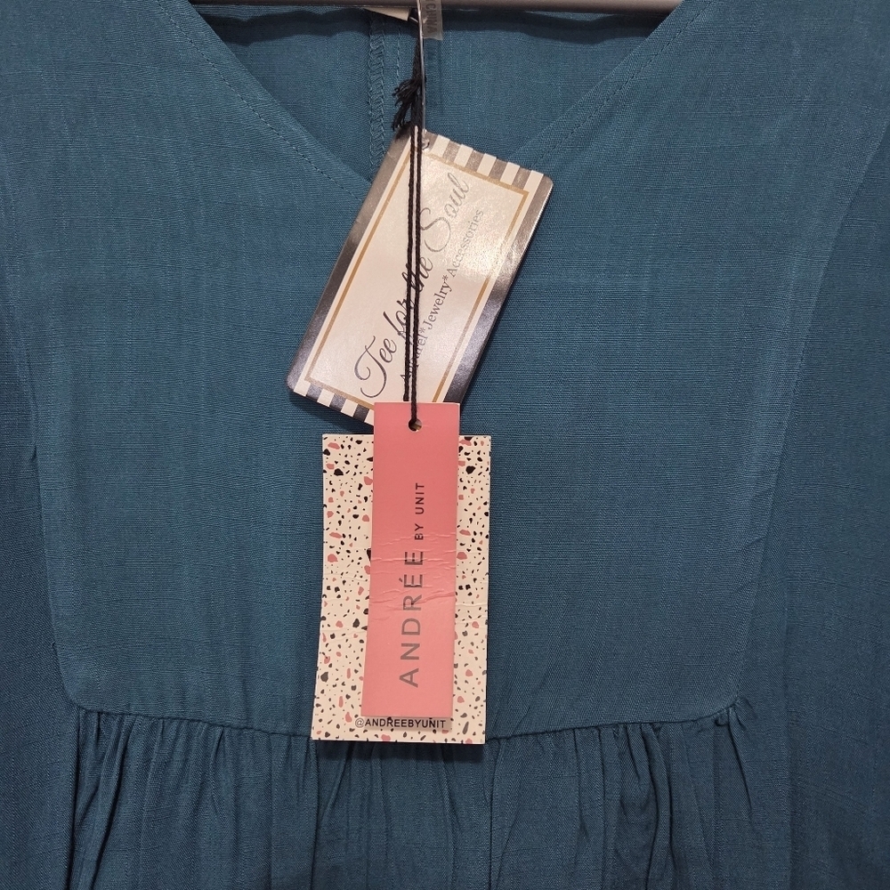 ANDREE By Unit V-neck Flowy Peasant Ruffled Short Sleeve Teal Blouse Size Small - Picture 4 of 7